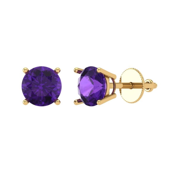 4 ct Screw-Back Stud Earrings for Women | 8.0mm Round Cut Natural Amethyst | 18K Yellow Gold