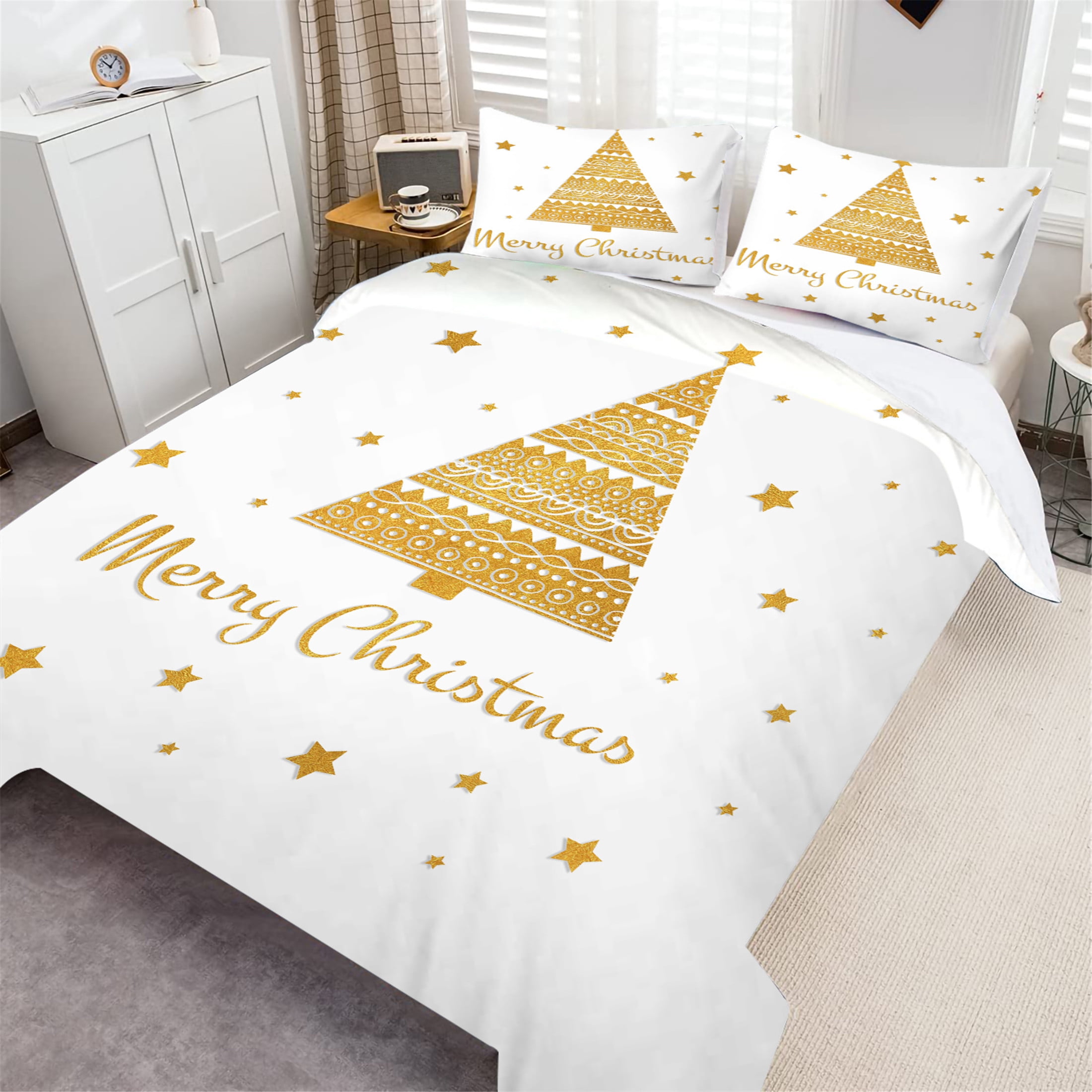 Quilt Cover Set Happy Christmas Painting Home Bedclothes Golden Christmas Tree Printed White Duvet Cover Set,Full (80"x90")