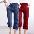 thumbnail image 2 of ibuvkizy Cotton Linen Capris Pants for Women Clearance Wide Leg Pants Woman,2PC Fashion Womens Casual Solid Color Elastic Loose Pants Straight Wide Leg Trousers with Pocket, 2 of 8