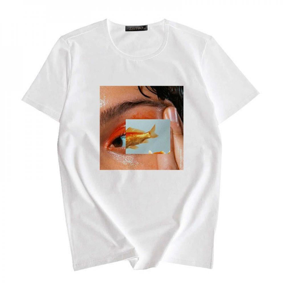 Funic Womens Short Sleeve Button O-Neck Cartoon Fish Print Loose T-Shirt Blouse Tops Hot