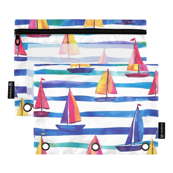FORMRS 2 Pack Pencil Pouch for 3 Ring Binder with Clear Window Zipper Case, Blue Hand Drawn Sailboats