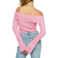 thumbnail image 3 of Womens Off Shoulder Ribbed Knit Crop Sweaters Long Sleeve Slim Pullover Jumper Tops, 3 of 6