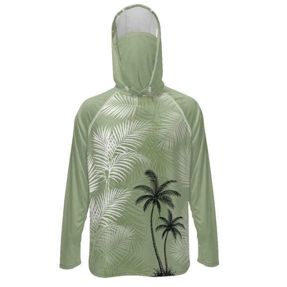 Bulopur Men’s Fishing Sun Hoodie with Mask Green Palm Tree UPF 50  Long Sleeve UV Protection Shirt, Quick Dry Breathable Rash Guard for Boating Hiking Outdoor