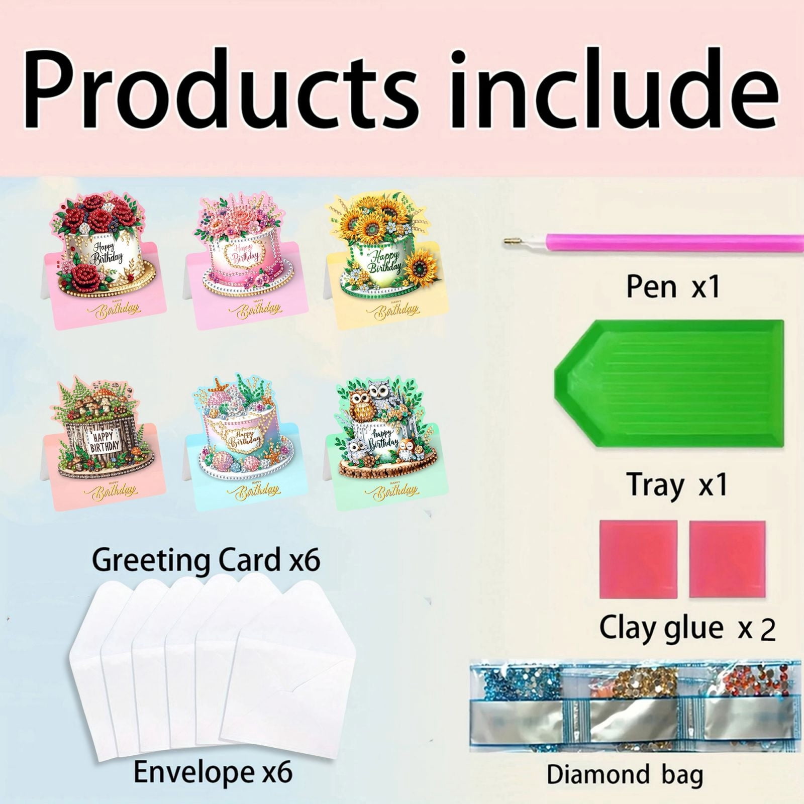 FLOPESN 24Pcs Happy Birthday DIY Diamond Art Painting Greeting Card,3D Folding Card Kit,White 4.5X9.1in Envelopes for Festival Gift