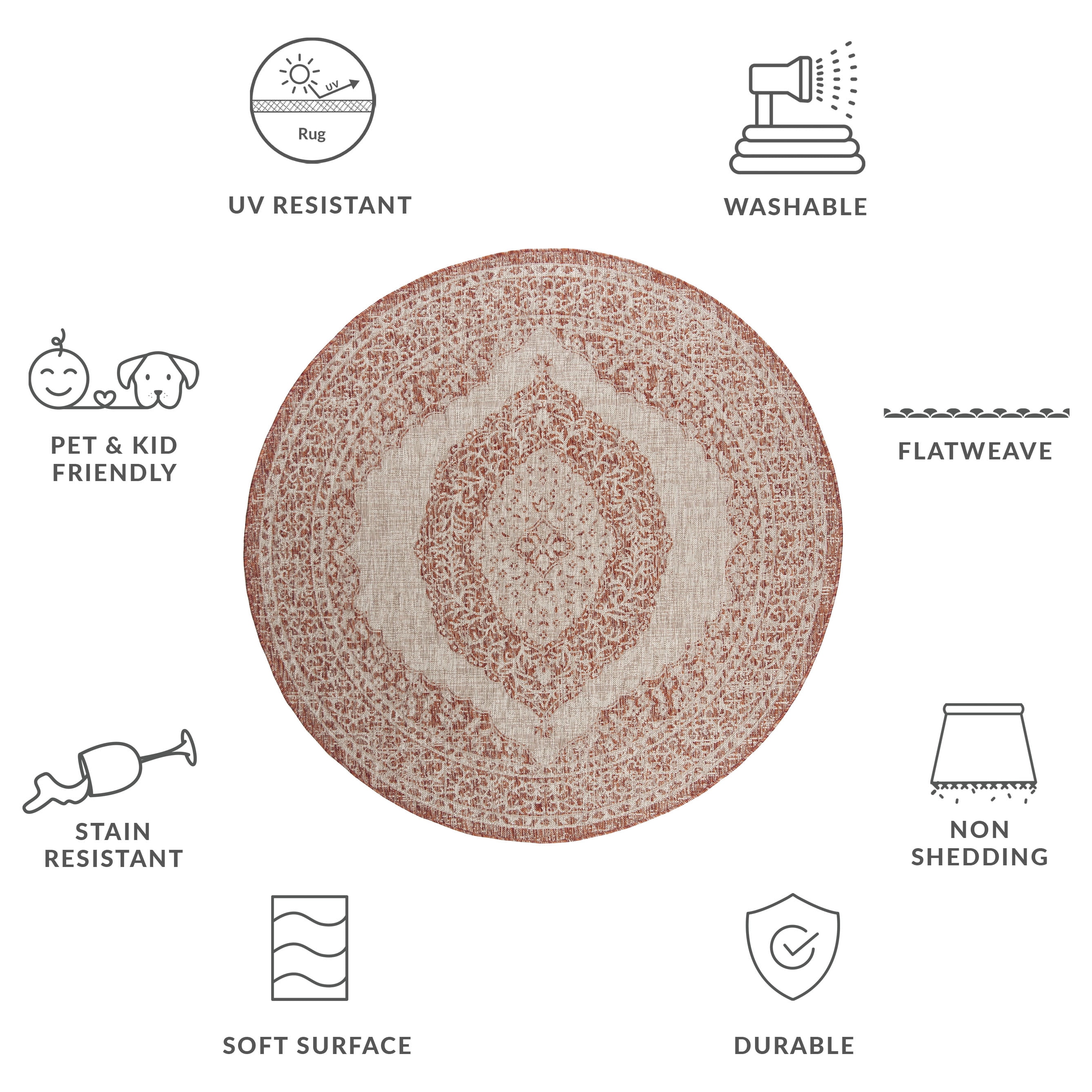 SAFAVIEH Courtyard Avi Medallion Indoor/Outdoor Area Rug, Light Beige/Terracotta, 5'3" x 5'3" Round