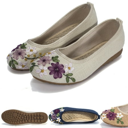 

Women s Ethnic Style Casual Flat Office Shoes Non-Slip Flat Walking Shoes with Delicate Embroidery Flower White