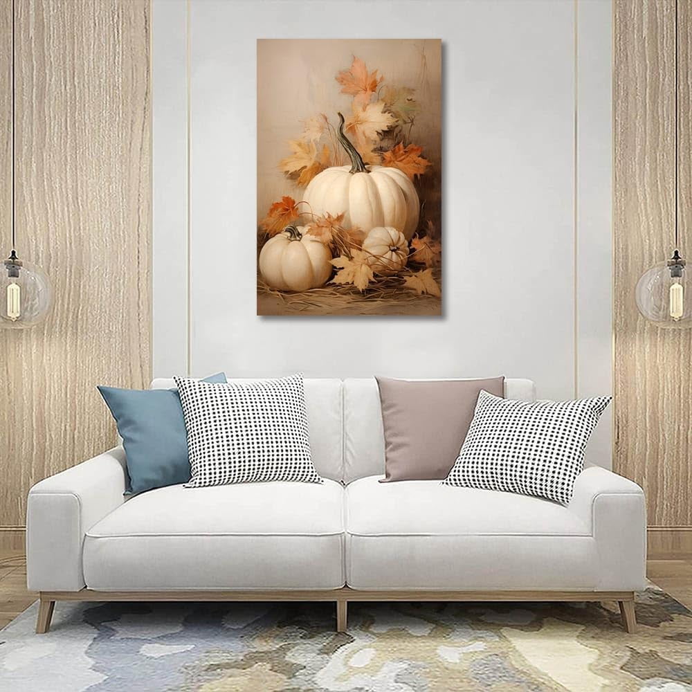 Farmhouse Fall Canvas Wall Art, White Pumpkin Still Life Painting Pictures, Rustic Farm Pumpkin Fall Leaves Posters, Halloween Thanksgiving Autumn Wall Print Decor 12X16in Unframed