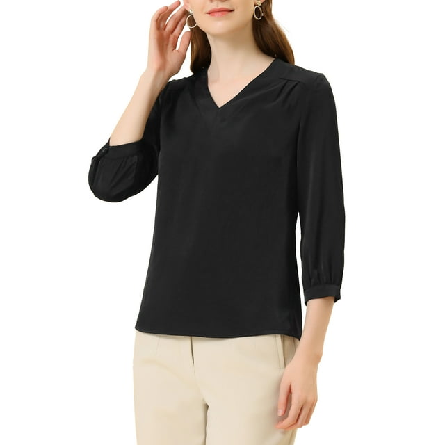 Blusa de satén para mujer Inspire Chic, casual, de manga larga, con cuello en V, color negro, talla XS