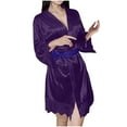 thumbnail image 3 of CFLVAEK Silk Robes for Women Lightweight Lace Half Sleeve Kimono Robes Solid Color Bathrobes with Belt Bridesmaid Wedding Bachelorette Party Robe Purple S, 3 of 5
