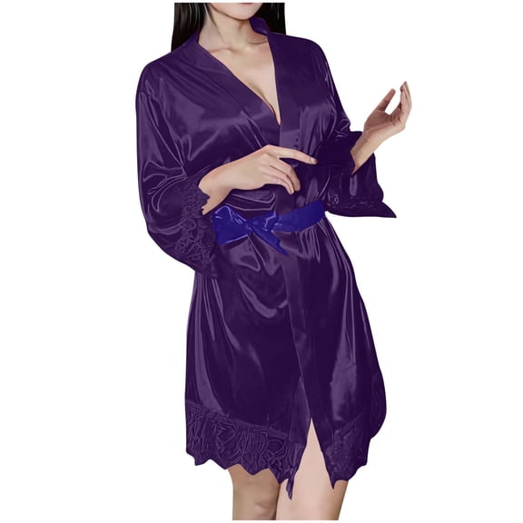 Aezemi Womens Lace Sleep Robe V Neck Tie Wrap Soft Sleepwear Bathrobe Fashion Home Comfy Casual Night Robes with 3/4 Sleeve S