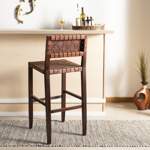 SAFAVIEH Paxton Woven Leather Barstool with Footrest, Cognac