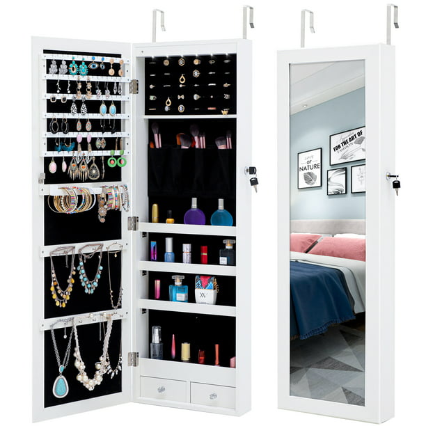 Mirror Jewelry Armoire Yofe Wall Mounted Organizer Storage Cabinet Door W Led Light And Full Length Large Capacity White R3230 Com - Wall Door Mirror Jewelry Storage