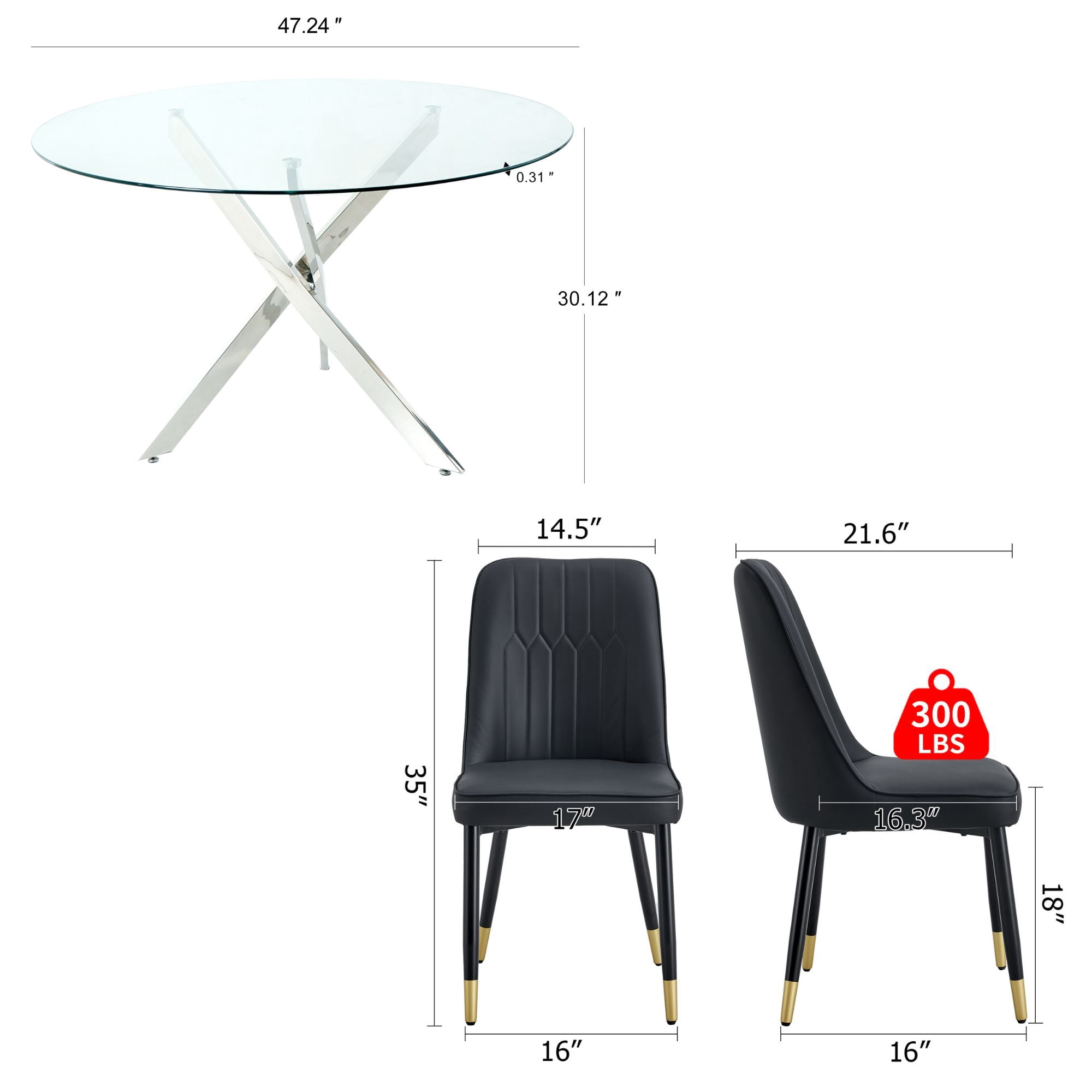 47" Modern Round Glass Dining Table Set with 4 PU Leather Chairs,Silver Base Glass Table with 4 Black Chairs with Black Leg
