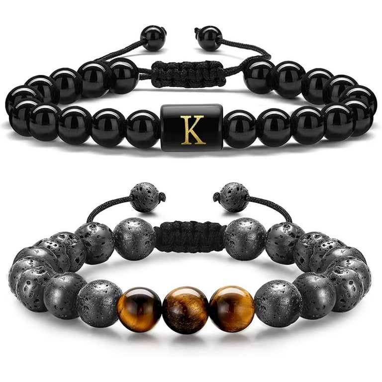 Initial Beaded Bracelets for Men 8mm Tiger Eye Lava Rock Stone Handmade Mens Letter Obsidain Bracelet Stress Relief Yoga Beads Bracelets Adjustable
