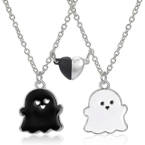 2 Friendship Necklace For 2 Girls Best Friend, Bff Necklace For 2 Women's Silver Chain, Ghost Necklace Heart Pendant For Sister Friend Gift Young Girl
