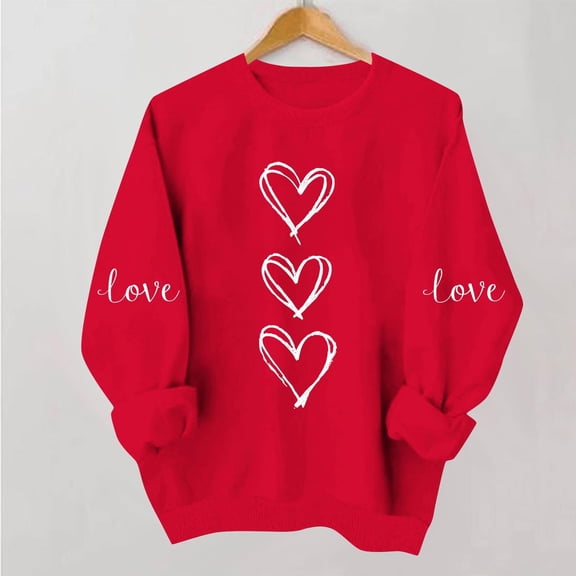 FDGIU ‌Valentine's Day Shirt Women, Heart Print Long Sleeve T-Shirt with Crew Neck for Valentine's Outfit & Casual Wear