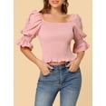 thumbnail image 5 of Allegra K Women's Smocked Blouse Ruffle Square Neck Puff Sleeves Lace Trim Panel Top, 5 of 6