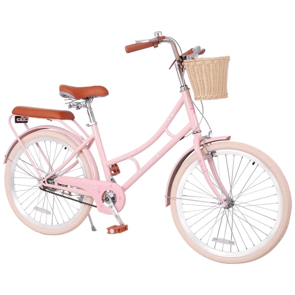 Aezusy 24-Inch Women’s Beach Cruiser Bike Single Speed City Commuter with Basket, Rear Rack, and Padded Seat for Riders 4'8"-5'6", Pink