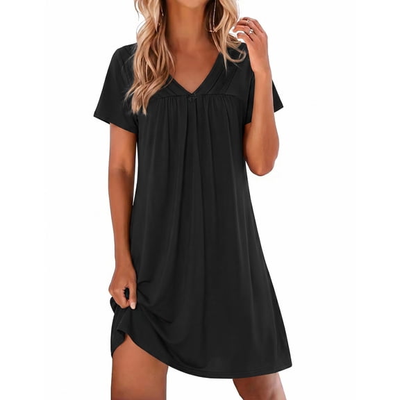 Ekouaer Nightgowns for Women V Neck Sleepshirt Short Sleeve Nightdress Lace Trim Night Gown House Dress with Pockets