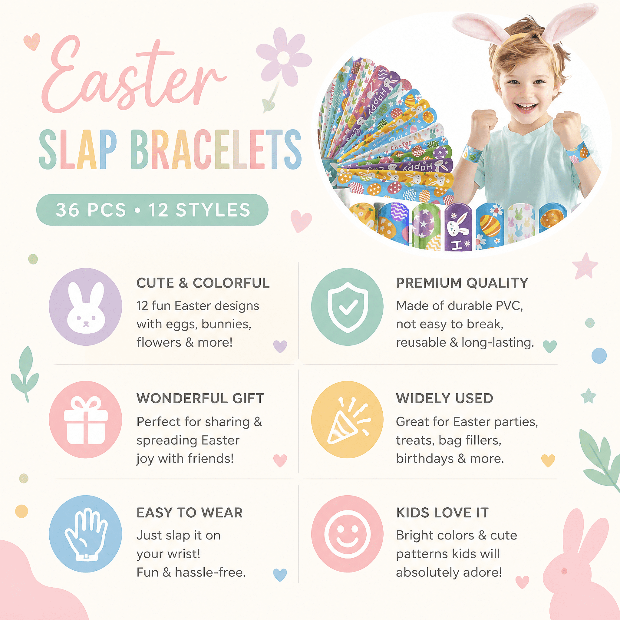 36Pcs Easter Slap Bracelet,Easter Decorations Bracelet Decorations Gifts,Bunny Bracelets Present for Holiday Goodie Bag Stuffers,Bracelets Bulk for Birthday School Classroom Prizes Outdoor