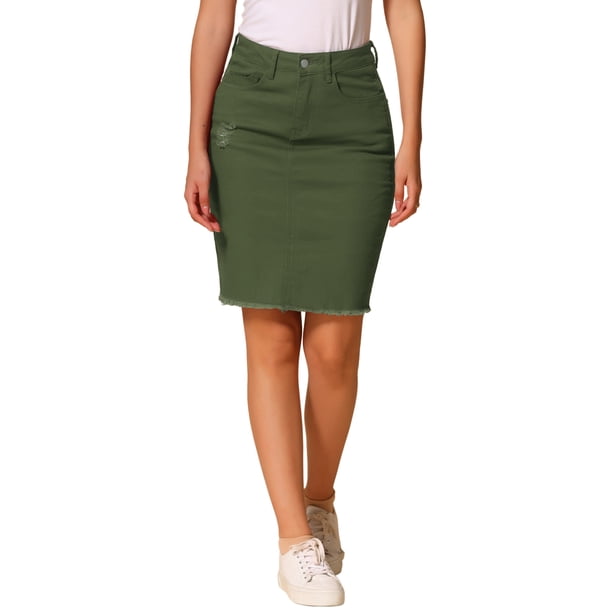 Falda de mezclilla INSPIRE CHIC para mujer, casual, desgastada, de longitud a la rodilla, color verde oliva