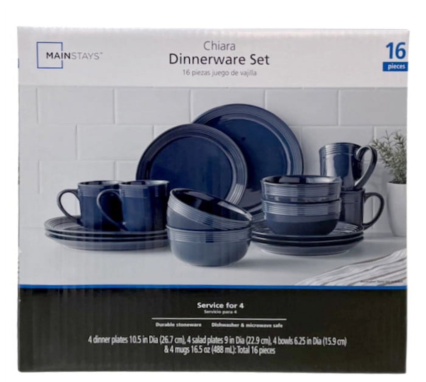 (3 pack) Mainstays Chiara 16-Piece Stoneware Dinnerware Set, Navy