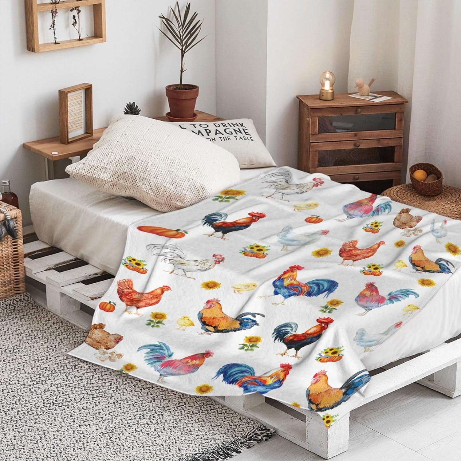 Chickens Rooster Sunflowers Blanket Gifts Plush Fuzzy Cozy Soft Lightweight Blankets for Couch Air-Conditioning Quilts Decor Blanket for Chirstmas Gifts 80"x60" for Adults