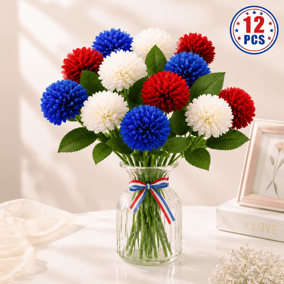 4th of July Artificial Chrysanthemums, Red White Blue Silk Fake Mums Patriotic Flowers for 4th of July Memorial Day Home Decor Table Centerpiece 12 Pcs