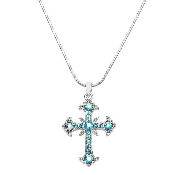 Cross Pendant Necklace Rhinestone Crystal Rhodium High Polished J0080-BL