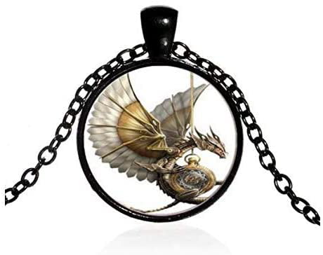 Vintage Steampunk Dragon Photo Cabochon Glass Pendant Necklace-Black SZRUY-019 