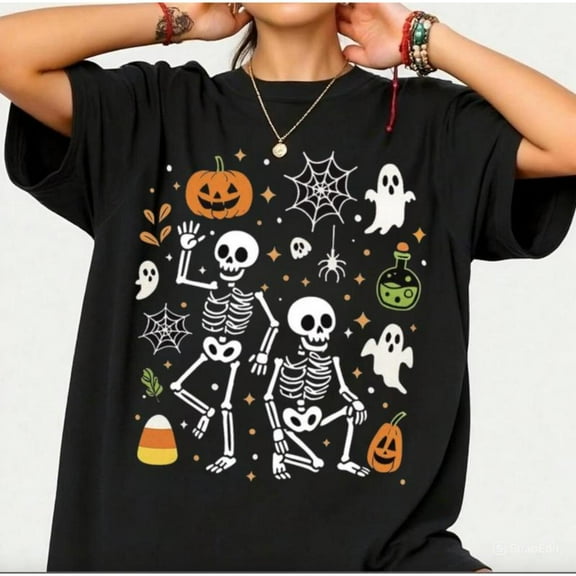 Dancing Skeleton Graphic Tee Subtle Halloween Candy Design Spooky Comfort Cotton T-Shirt Black S-5XL