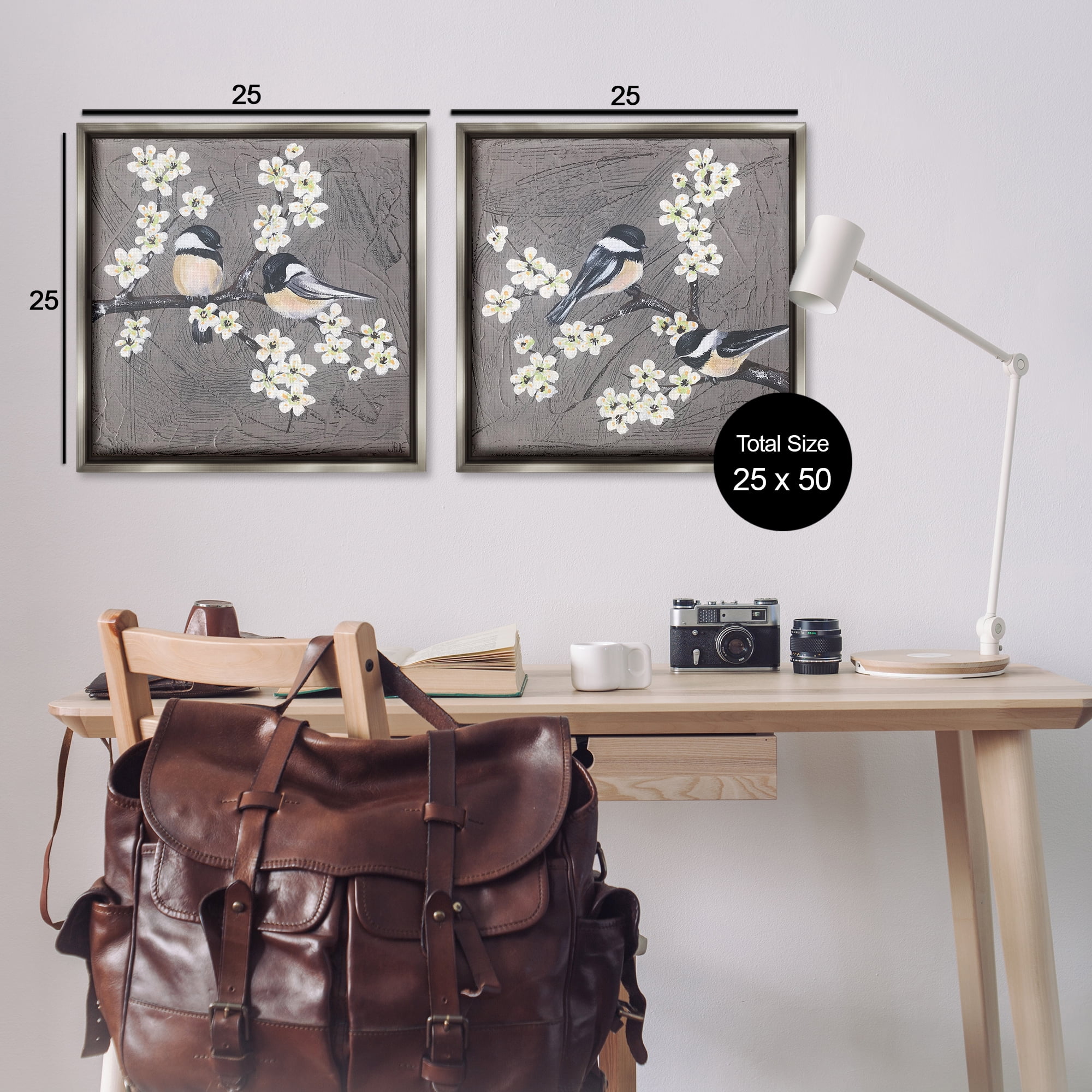 Stupell Industries Chickadee Birds Flowering Branch Animals Painting Gray Floater Framed Canvas Art Print Wall Art, 25 x 25, Set of 2