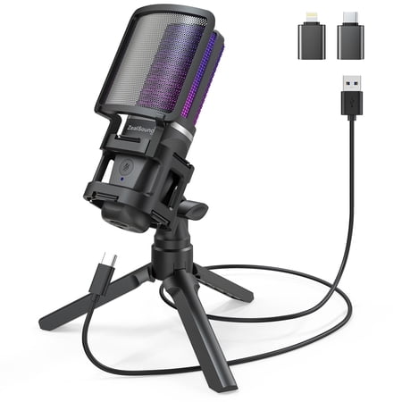ZealSound Gaming USB Microphone for Phone PC PS5,RGB Mic with Quick Mute,RGB Indicator,Tripod StandZealSound Gaming USB Microphone for Phone PC PS5,RGB Mic with Quick Mute,RGB Indicator,Tripod Stand