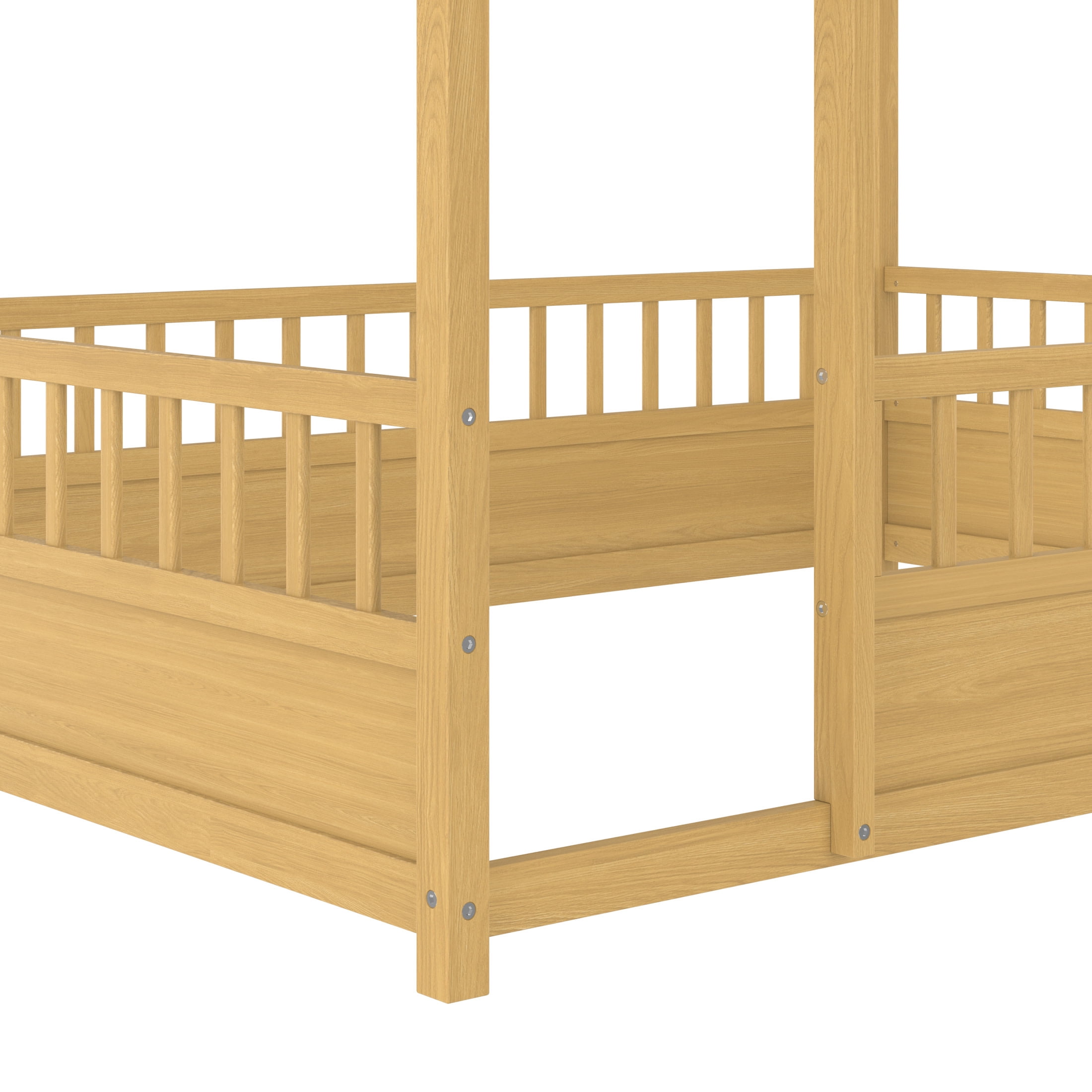Noble House Full Size Floor Bed with House Roof Frame and 20" Safety Guardrails, Natural