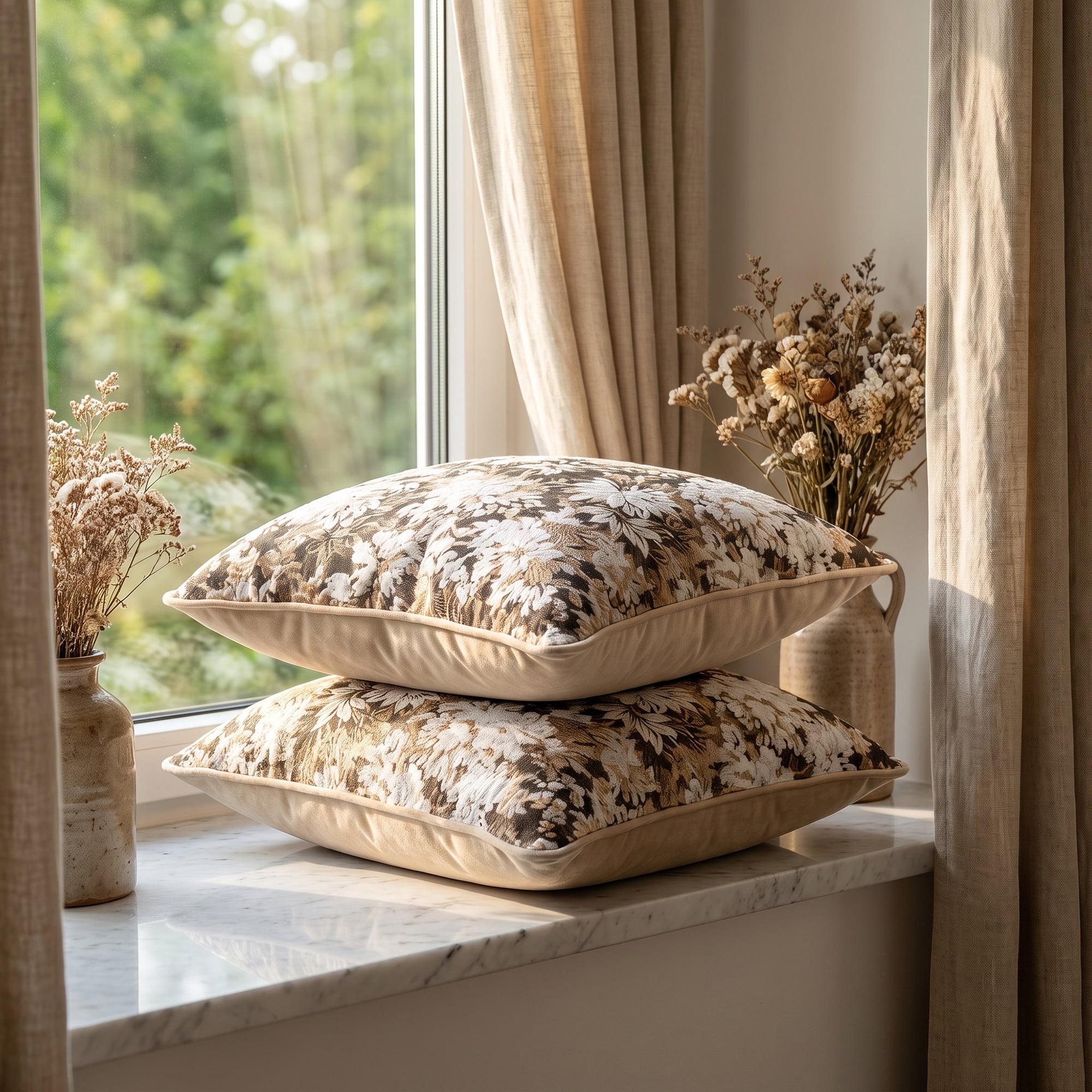 Unique Bargains Floral Throw Pillow Cover with Piped Edge Decor Cushion Case Khaki 18"x18"