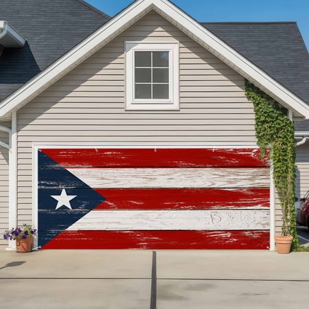 Garage Door Banner Retro Puerto Rico Flag Garage Door Banner Cover for Outdoor Indoor, Rustic Wooden Texture Large Backdrop Banners 6.9x16ft