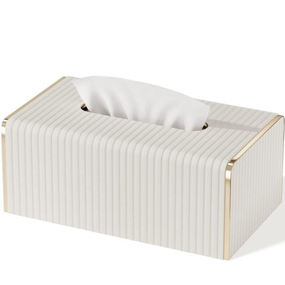 Tissue Box Cover,White Rectangle Leather Tissue Box Holder with Gold-Tone Edging Decoration,Decorative Tissue Cover for Bathroom Toilet Bedroom Living Room Table Desk Office (White, Rectangle)