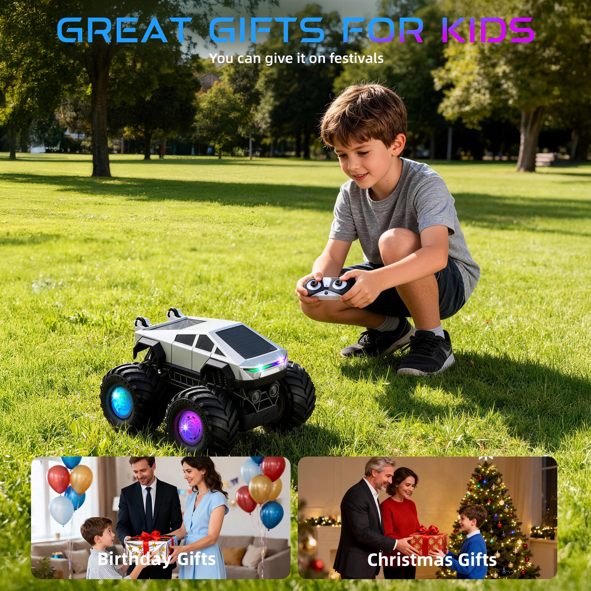 Redsmile Remote Control Car,2.4GHz Amphibious RC Cars,1:18 Waterproof Cyber Truck with LED Lights,360° Rotatable Monster Truck Toys