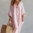 thumbnail image 2 of Morttic Women's V-Neck Three-Quarter Sleeve Maxi Dress – Bohemian Lazy Vacation Style for Spring/Summer Beach & Daily Wear Pink，S, 2 of 4