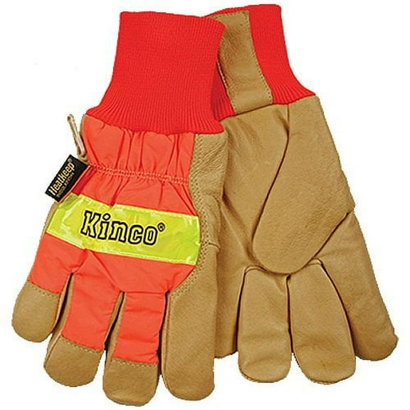 KINCO 1938KW-S Men's High Visibility Lined Pigskin Safety Cuff Gloves, Heat Keep Thermal Lining, Knit Wrist, Small, Orange