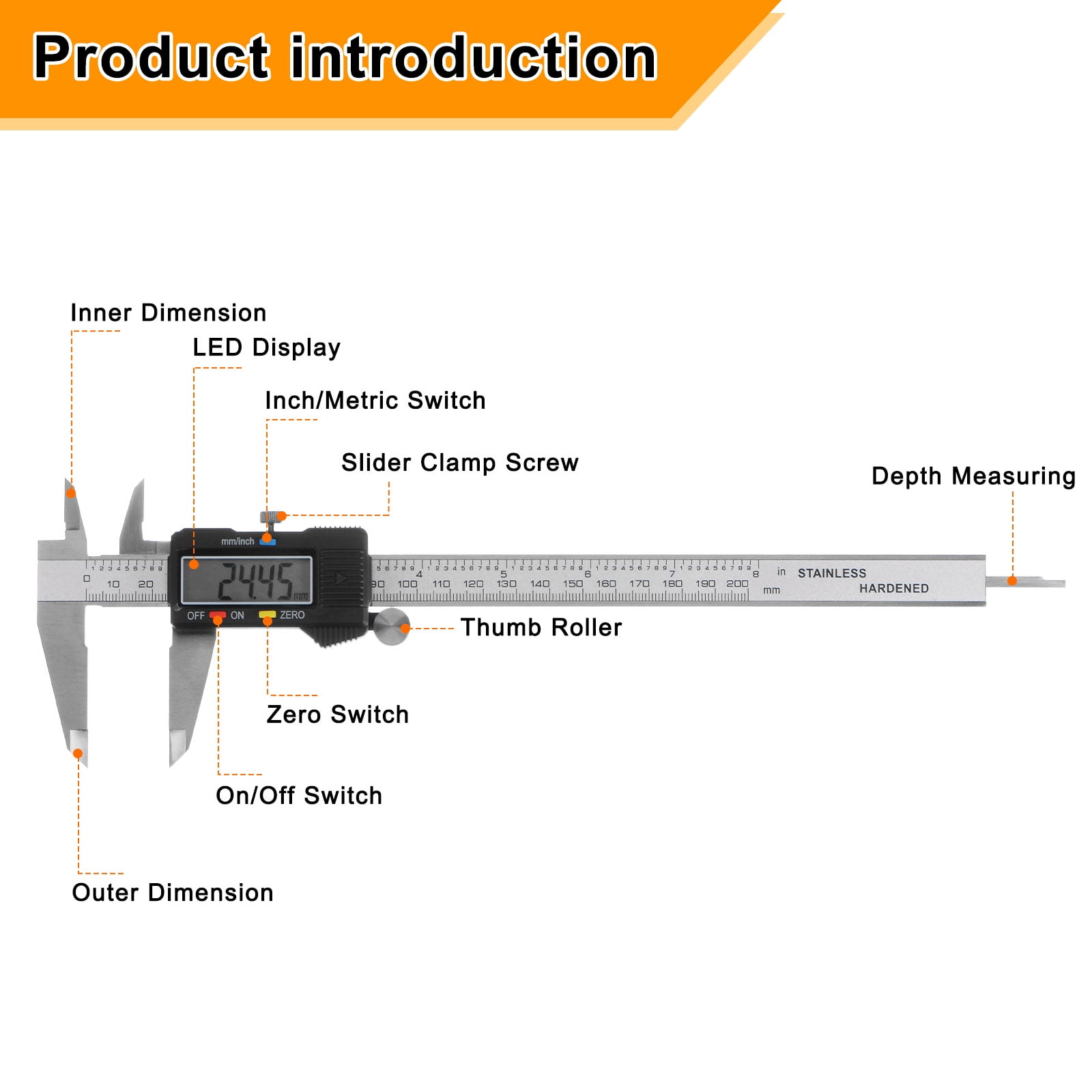 Uxcell Digital Caliper 200mm/0-8 Inch Large LCD Screen Measuring Tool