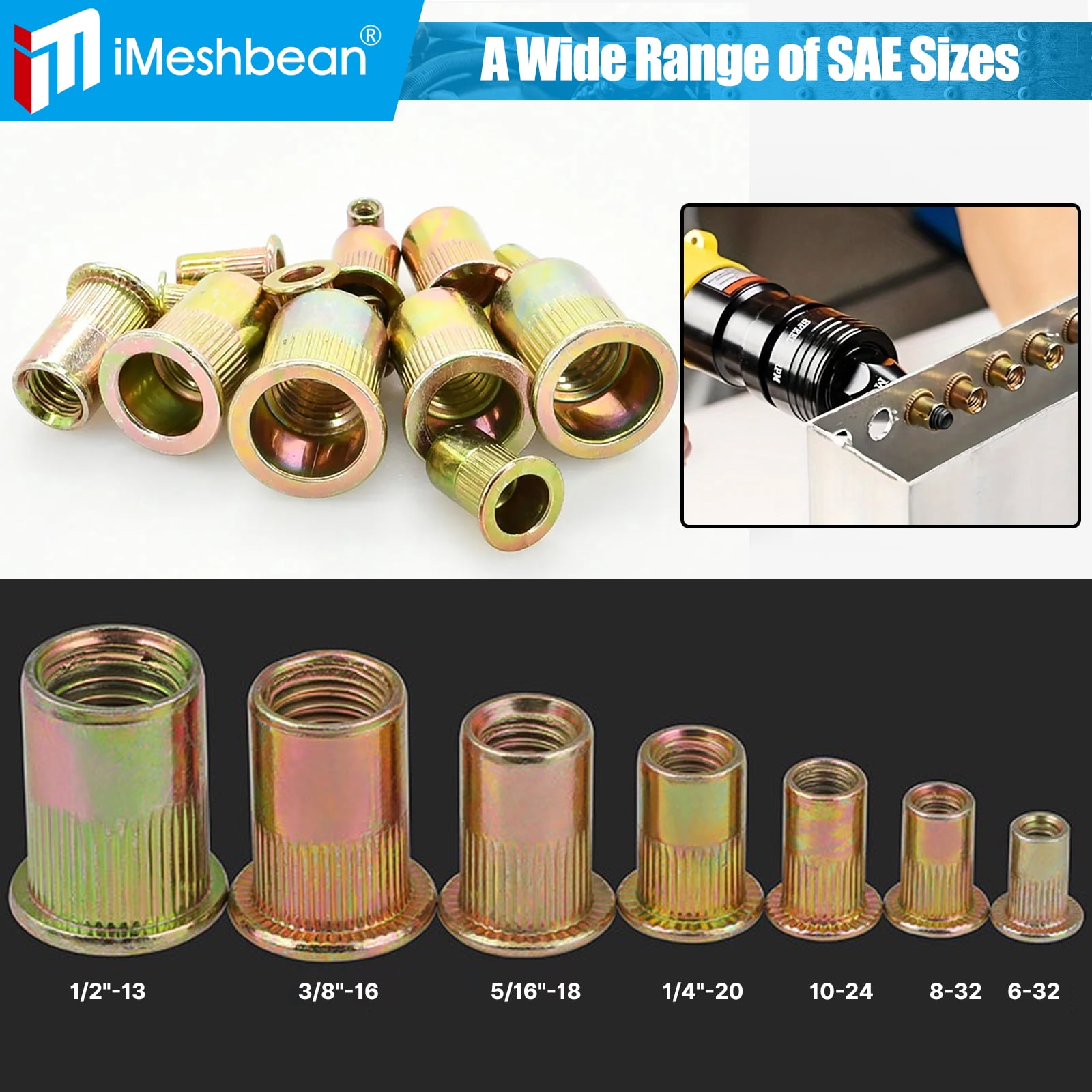 iMeshbean 860Pcs Rivet Nuts- SAE UNC Assortment Carbon Steel Flat Head Zinc Plated Nutsert