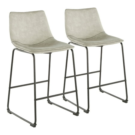 Carbon Loft Richard Industrial Counter Stool (Set of 2) light grey fabric/black stitch Polyester  Foam Polyester Add a splash of contemporary color to your kitchen with these Richard counter stools. The sleek sled bases support sculpted seats  upholstered in your choice of fabric or faux leather. Each plush seat is accented with zig-zag stitching for added durability and contrast. Features: Black metal frame Foam fill Upholstered seat Modern  industrial style Blue fabric with black stitching Green faux-leather with orange stitching Light-grey fabric with black stitching Zig-zag stitching Sculpted seat Integrated foot rest Sled base Includes 2 counter stools Requires assembly Dimensions: Overall: 35.5 inches high x 18 inches wide x 20.5 inches deep Seat: 25 inches high x 18 inches wide x 14.5 inches deep Weight capacity: 250 pounds