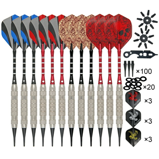 12pcs Darts Dart Flight Set with 100pcs Spare Soft Dart Tips Dart Flights Savers O Rings and Wrench Tool Indoor Outdoor Entertainment Game Accessories