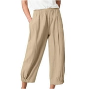 Capri Pants for Women Casual Solid Color Pockets Elastic Waist Comfortable Wide Leg Straight Calf-Length Pants（Khaki,S）