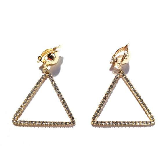 Clip-on Earrings Triangle Crystal Gold Tone Rhinestone Hoop Earrings 2.5 inch