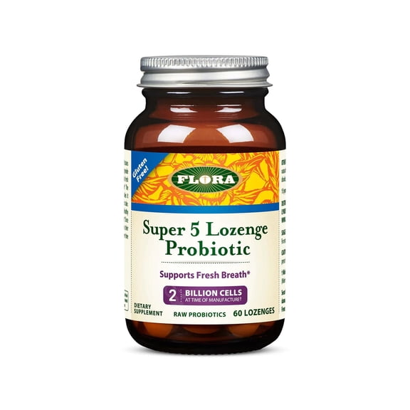 Flora - Super 5 Lozenge Probiotic, Raspberry Flavored Oral Probiotic, Good for Bad Breath, Five Strains with 2 Billion CFU, Regain and Retain Gut Health, RAW, 60 Lozenges