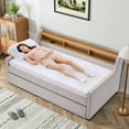 thumbnail image 3 of Wiilayok 81" Twin Size Daybed with Pop Up Trundle Bed,Linen Fabric Upholstered Twin to King Day Bed Frame with Double Storage Shelves,Tri-Color Light Strip & USB Ports for Living Room,Bedroom,Beige, 3 of 10