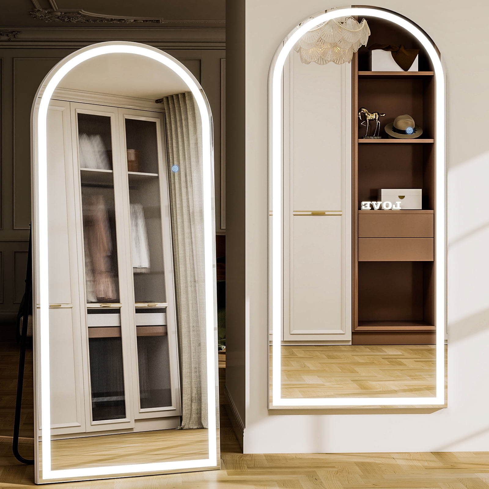 AUROMIR 71"x30" Arched Full Length Mirror with Lights LED Floor Mirror Dimming 3 Color Lighted Mirror