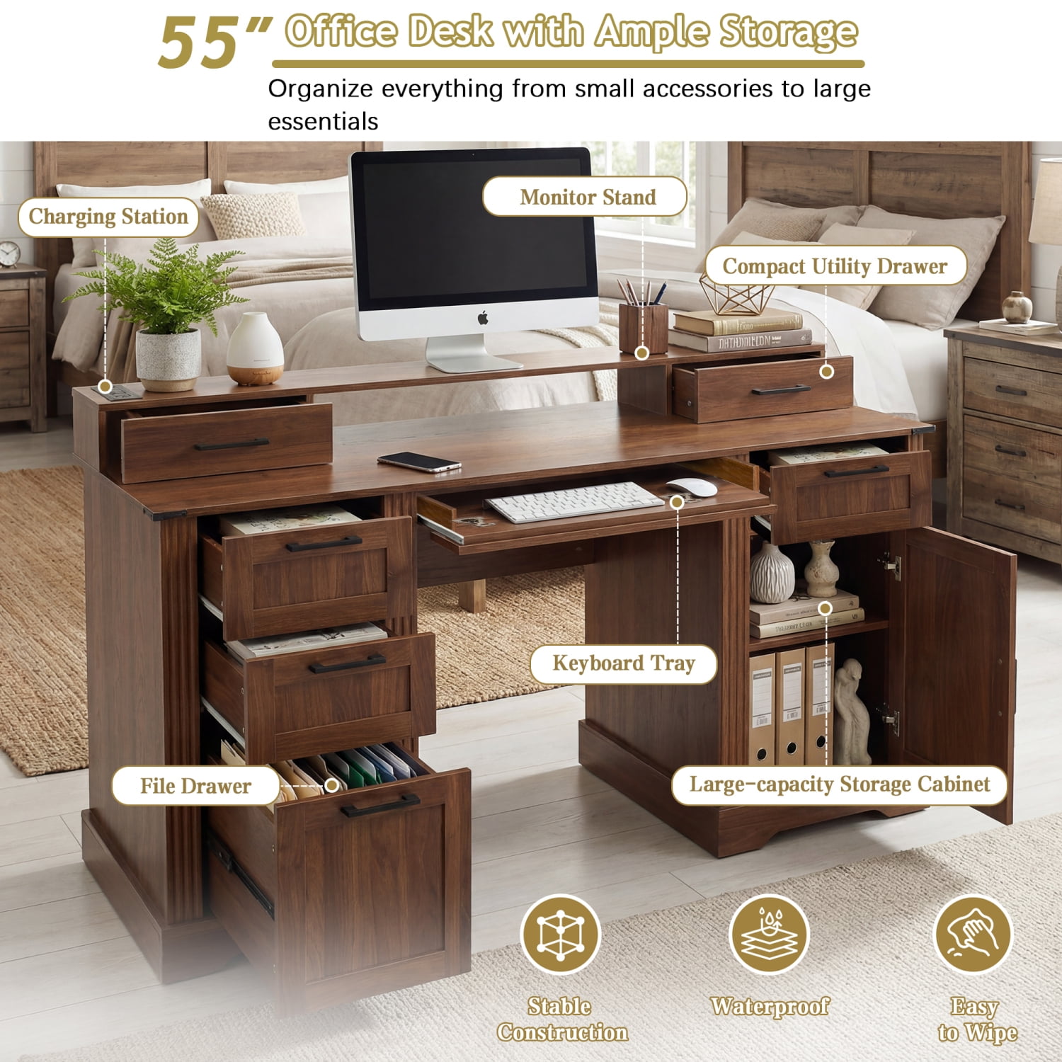 Youmumeub 59" Home Office Desk Dark Walnut with Built-In Charging Hub, Ergonomic Monitor Riser, File Drawer & Keyboard Tray, Barn Door Style Storage Cabinet – MDF Workstation